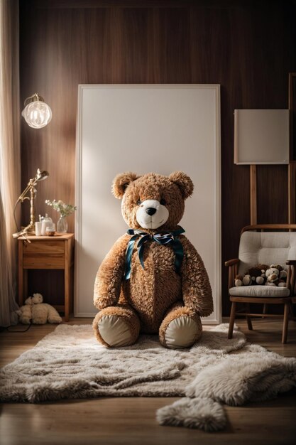 Ein gemütlicher, brauner Teddybär sitzt auf einem weichen, farbenfrohen Teppich