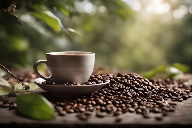 ein gemütlicher Couchtisch mit einer dampfenden Tasse Kaffee, umgeben von üppigen Bäumen und warmen Sonnenstrahlen