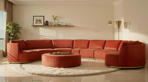 Ein gemütlicher Innenraum, geschmückt mit einer lebendigen runden roten Couch und einem kreisförmigen weißen Teppich, lädt Sie ein, sich zu entspannen und das elegante Innenarchitektur zu bewundern, komplett mit einem eleganten Coffee-Tisch und einem üppigen Hausplan.
