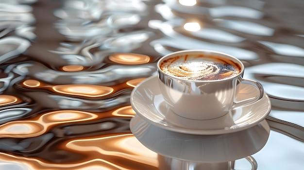 Foto ein gemütlicher kaffee-moment mit reflektierten wellen und warmen tönen