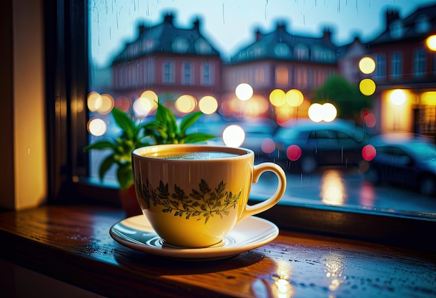 Ein gemütlicher Kräutertee, Dampf, Regen, Kranen auf Stadtglas, ein ruhiger städtischer Abend entfaltet sich draußen.