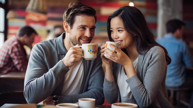 Ein gemütlicher Mann und eine gemütliche Frau unterhalten sich glücklich, während sie Kaffee trinken.