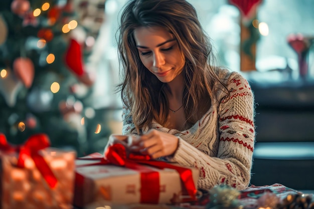 Foto ein gemütlicher moment zum verpacken von geschenken für die weihnachtszeit