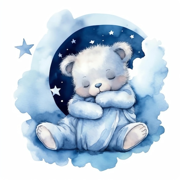 Ein gemütlicher Teddybär ruht auf einer flauschigen Wolke und umarmt einen Stern in Aquarell-Stil