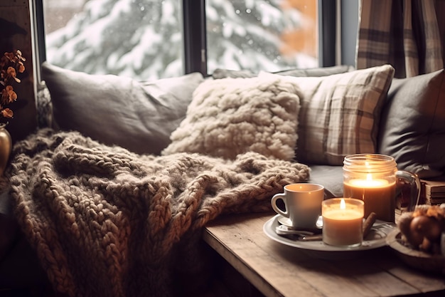 Foto ein gemütlicher winter zu hause am fenster, erfüllt vom gemütlichen charme von hygge