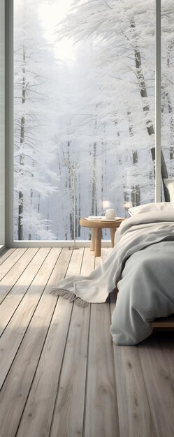 Foto ein gemütlicher winterblick auf den wald vom holzboden der terrasse aus