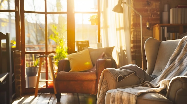 Ein gemütlicher Wohnzimmer im Sonnenlicht Ein warmer Morgen in einem gemütlichen Zuhause