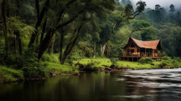 Ein gemütliches autonomes Ökohaus in einem Sommerwald in der Nähe des Flusses Das Konzept der Umweltschutz und Entspannung weg von der Stadt
