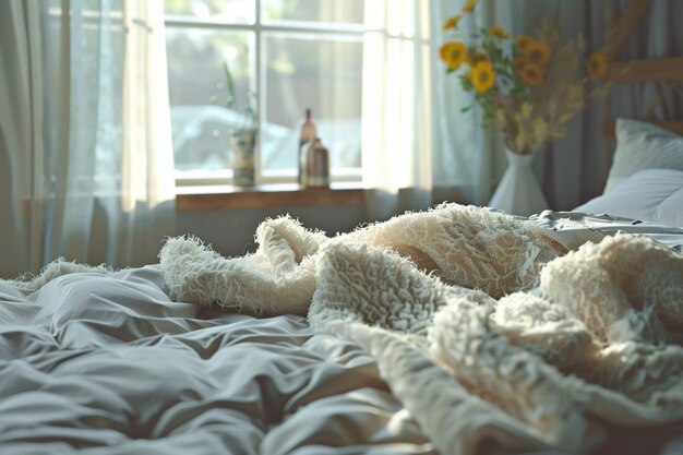 Foto ein gemütliches bett mit weichen kissen und einem flauschigen betttuch