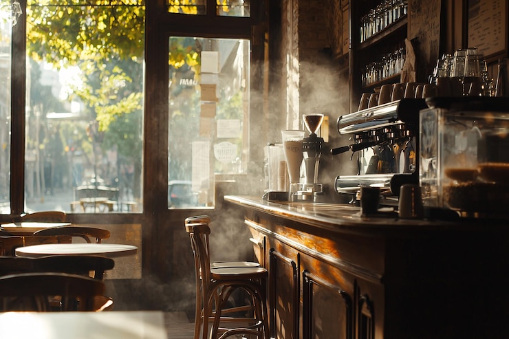 Foto ein gemütliches café buzzt mit dem duft von frisch gebrautem kaffee, der den geist der morgendlichen traditionen und des lebhaften gesprächs verkörpert.