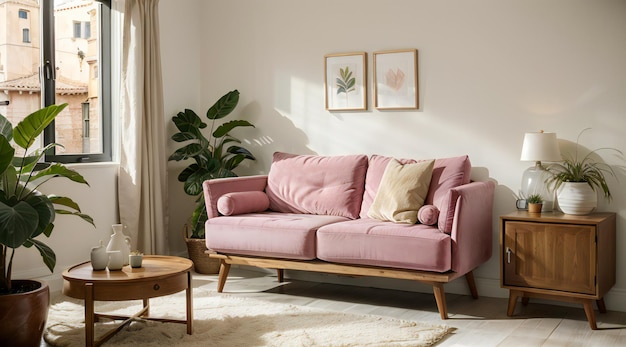 Ein gemütliches, einladendes Wohnzimmer mit einer rosa Couch und Zimmerpflanzen mit einer modernen Innenarchitektur