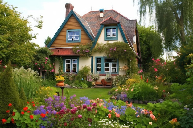 Ein gemütliches Haus, umgeben von einem Garten und Blumen
