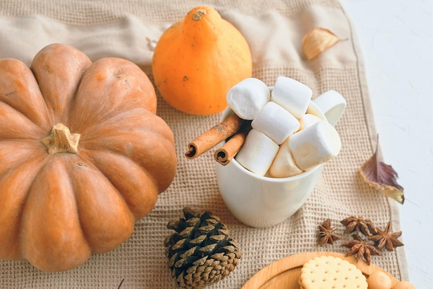 Ein gemütliches Herbst-Setup mit Kürbissen, Marshmallows in einer Tasse, Zimtstäbchen und Herbstdekorationen