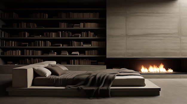 Foto ein gemütliches modernes schlafzimmer mit kamin und bücherregalen schafft eine warme und einladende atmosphäre