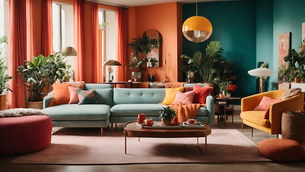 Ein gemütliches, modernes Wohnzimmer mit einer hellen, lebendigen Farbpalette