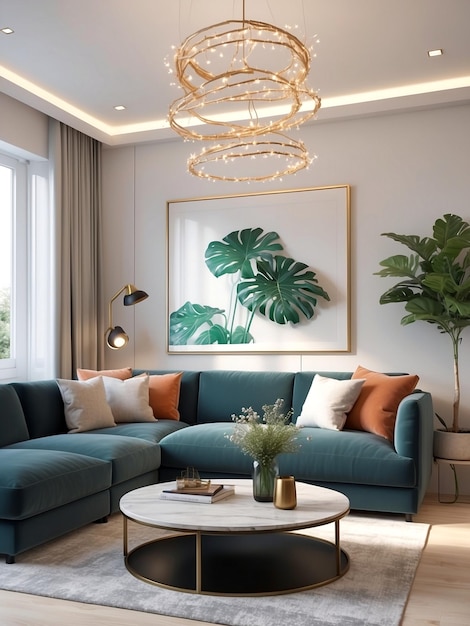 Ein gemütliches, modernes Wohnzimmer mit schönen Möbeln