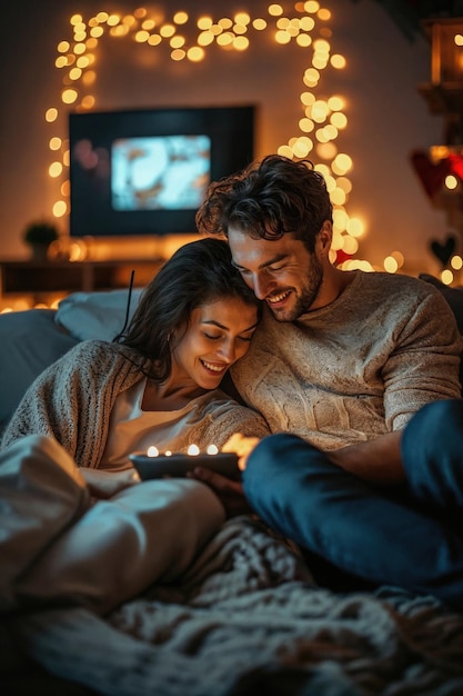 Ein gemütliches Paar genießt die Zeit zusammen mit einem Tablet, umgeben von Weihnachtslichtern