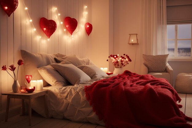 Ein gemütliches Schlafzimmer, geschmückt mit dem roten herzförmigen Kissen 00094 01
