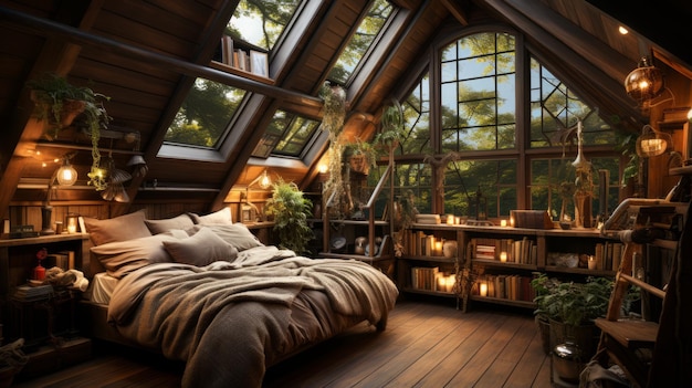 Ein gemütliches Schlafzimmer in einem Holzhaus mit einem großen Fenster mit Blick auf den Wald