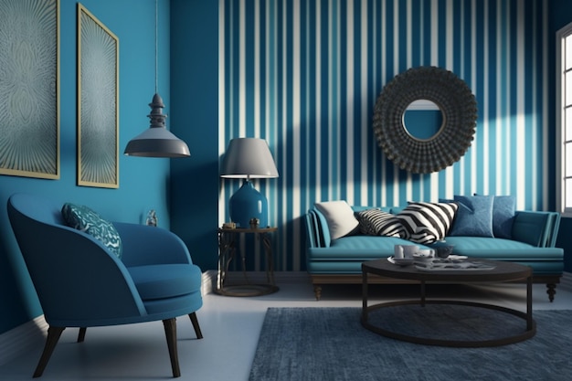 Ein gemütliches Schlafzimmer mit Dekoration in Pantone-Blau und bequemen Möbeln