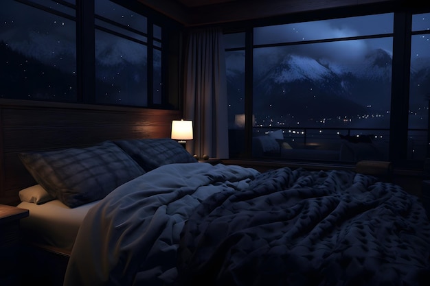 Ein gemütliches Schlafzimmer mit einem bequemen Bett neben einem mondbeschienenen Fenster