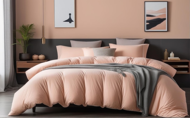 Ein gemütliches Schlafzimmer mit einem Bett, gekleidet in weichem Pfirsich-Fuzz-Farbbett, moderner, modischer Ton, Farbton.