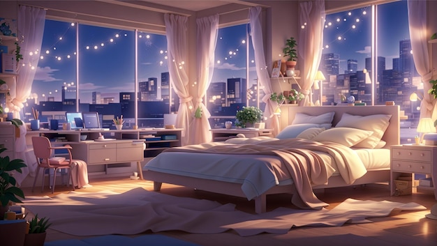Ein gemütliches und ruhiges, modernes Schlafzimmer mit Lichterketten bei Nacht