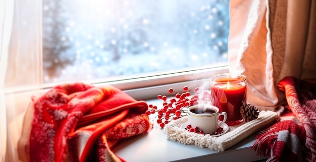 Ein gemütliches, warmes Weihnachtsarrangement mit einer Tasse heißen Tee, einer gemütlichen Decke und Weihnachtendekorationen