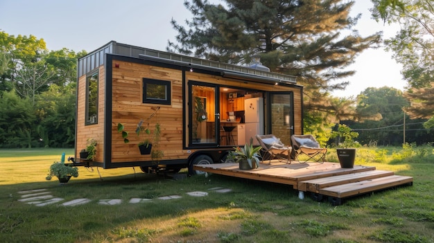 Ein gemütliches winziges Haus mit minimalistischem Innenarchitektur, das Raumeffizienz und Funktionalität in einem kompakten Raum maximiert