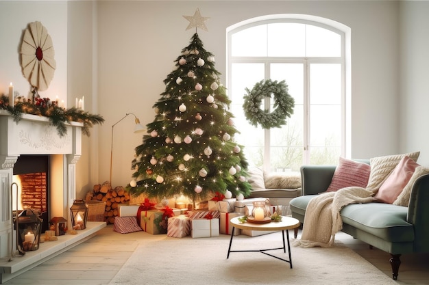 Ein gemütliches Wohnzimmer, geschmückt mit einem festlichen Baum und umgeben von Geschenken