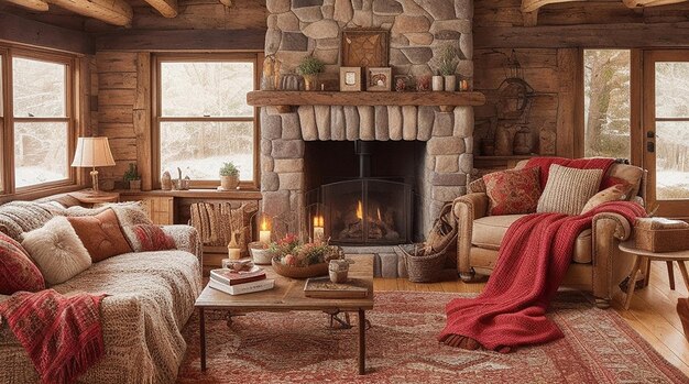 Ein gemütliches Wohnzimmer mit einem warmen Kamin, rustikalen Möbeln und einem lebendigen Wandteppich an der Wand