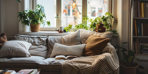 Foto ein gemütliches wohnzimmer mit einer couch, einer decke und ein paar topfpflanzen. die couch ist mit einer decke bedeckt und hat ein buch drauf. das zimmer hat eine warme und einladende atmosphäre.