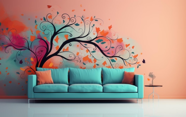 Ein gemütliches Wohnzimmer mit einer luxuriösen Couch und einem faszinierenden Gemälde an der Wand