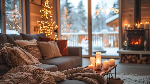 Foto ein gemütliches wohnzimmer mit kamin, einem weihnachtsbaum und einer bequemen couch, der perfekte ort, um sich zu entspannen und die feiertage zu genießen.