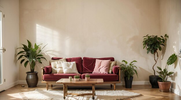 Ein gemütliches Wohnzimmer mit lebendigen Zimmerpflanzen, eine luxuriöse Couch und stilvolle Innenarchitekturelemente schaffen die perfekte Oase im Innenraum