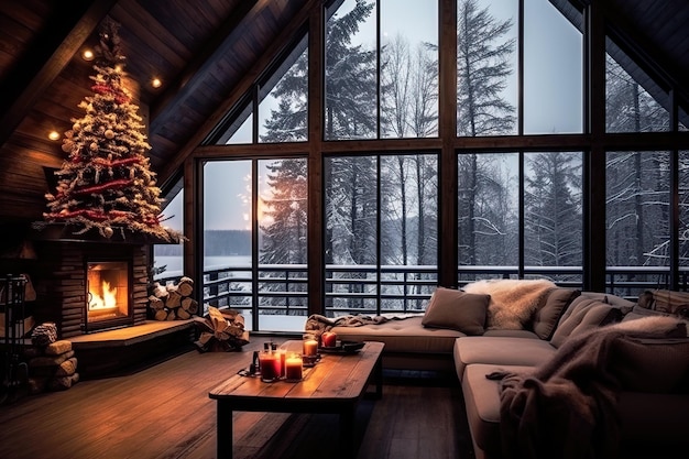 Ein gemütliches Zimmer mit einem Weihnachtsbaum am Kamin und einem Blick auf schneebedeckte Bäume KI-Generation