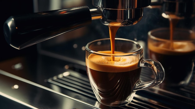 Foto ein genauer blick auf den prozess der herstellung von frischem kaffee bei der herstellung von kaffee aus einer maschine in einem kaffeehaus café home barista