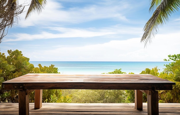 Ein generativer Holztisch mit Blick auf den tropischen Ozean