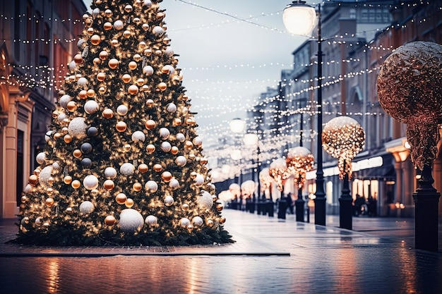 Ein generativer Weihnachtsbaum mit Zapfen auf einer mit einer Girlande beleuchteten Stadtstraße