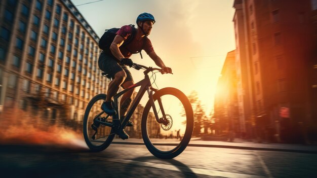 Ein generatives Bild eines Lebensmittellieferanten, der auf einer Stadtstraße mit einem großen Rucksack bei Sonnenuntergang Fahrrad fährt