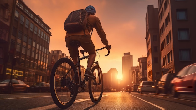 Ein generatives Bild eines Lebensmittellieferanten, der auf einer Stadtstraße mit einem großen Rucksack bei Sonnenuntergang Fahrrad fährt