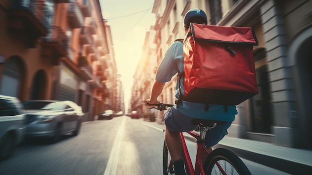 Ein generatives Bild eines Lebensmittellieferanten, der mit einem großen Rucksack am Sonnenuntergang auf einer Stadtstraße Fahrrad fährt