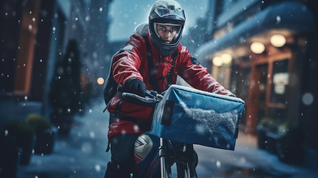 Ein generatives Bild eines Lebensmittellieferanten, der mit einem großen Rucksack im Winter bei Schneefall auf einer Stadtstraße Fahrrad fährt