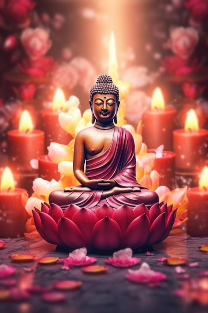 Ein generiertes Bild von Buddha, der mit Lotus und Kerzen meditiert. Generative KI