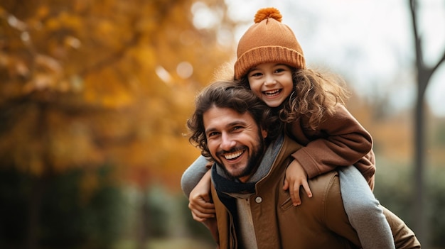 Ein Gentleman fährt freundlicherweise eine Dame auf dem Rücken, ein fröhliches Kind, das im Herbst lacht und spielt.