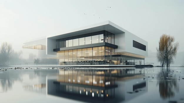 Ein geometrisches 3D-Rendering eines modernen Bürogebäudes, das von KI generiert wurde