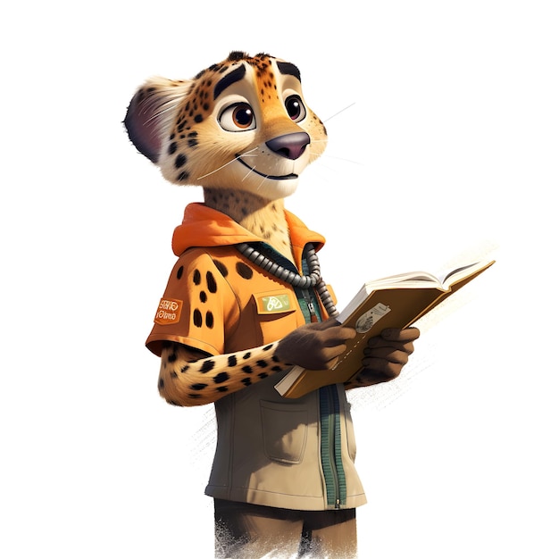 Ein Gepard mit einer orangefarbenen Jacke liest ein Buch.