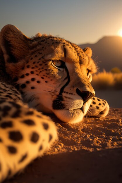 Ein Gepard ruht bei Sonnenuntergang in der Wüste.
