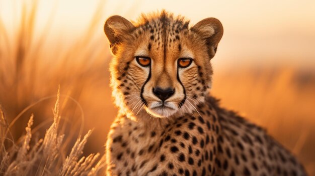 Ein Gepard sitzt bei Sonnenuntergang im Gras