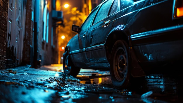 ein geparktes Auto auf einer nassen Straße in der Nacht mit blauen Straßenlichtern, die eine launische Atmosphäre erzeugen